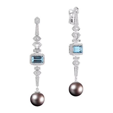 Серьги с аквамаринами, жемчугом и бриллиантами, белое золото 1