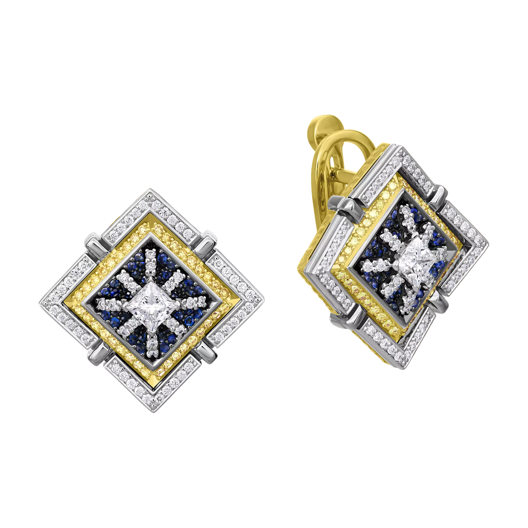 Серьги с бриллиантами и сапфирами, жёлтое и белое золото