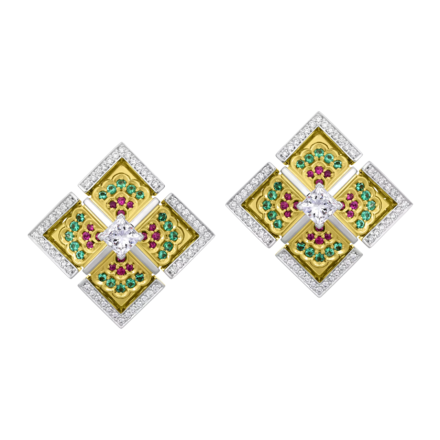 Серьги с бриллиантами, изумрудами и рубинами, жёлтое и белое золото 2