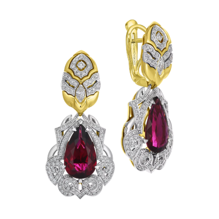 Серьги с рубеллитами и бриллиантами, желтое золото 1