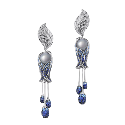 Серьги с жемчугом, бриллиантами и сапфирами, белое золото 1