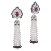 Серьги с рубеллитами, бриллиантами и жемчугом, белое золото, н.керамика