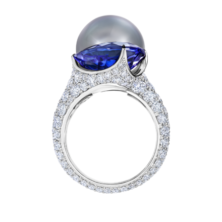 Кольцо с танзанитом, жемчугом и бриллиантами, белое золото 4
