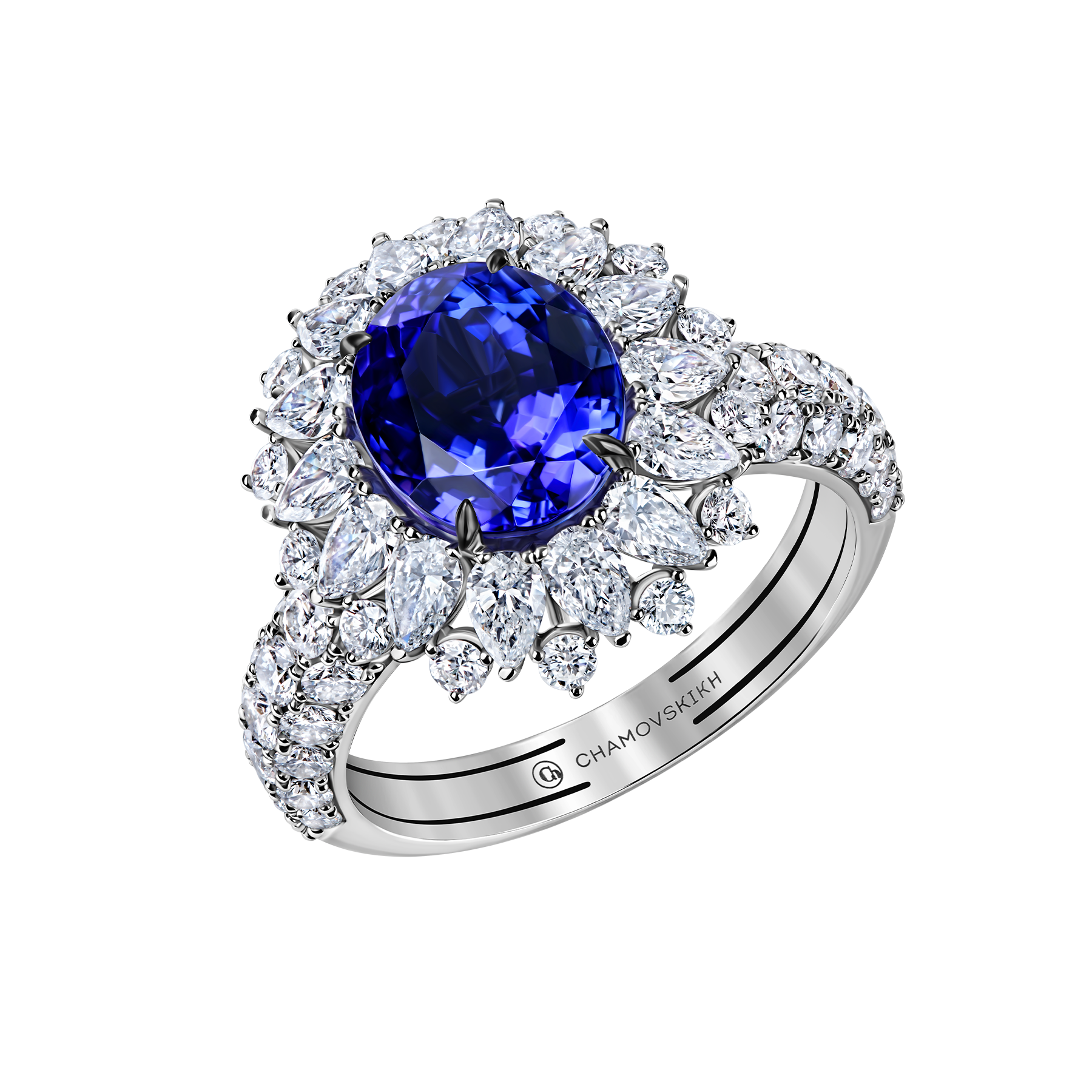 Кольцо с танзанитом и бриллиантами, белое золото