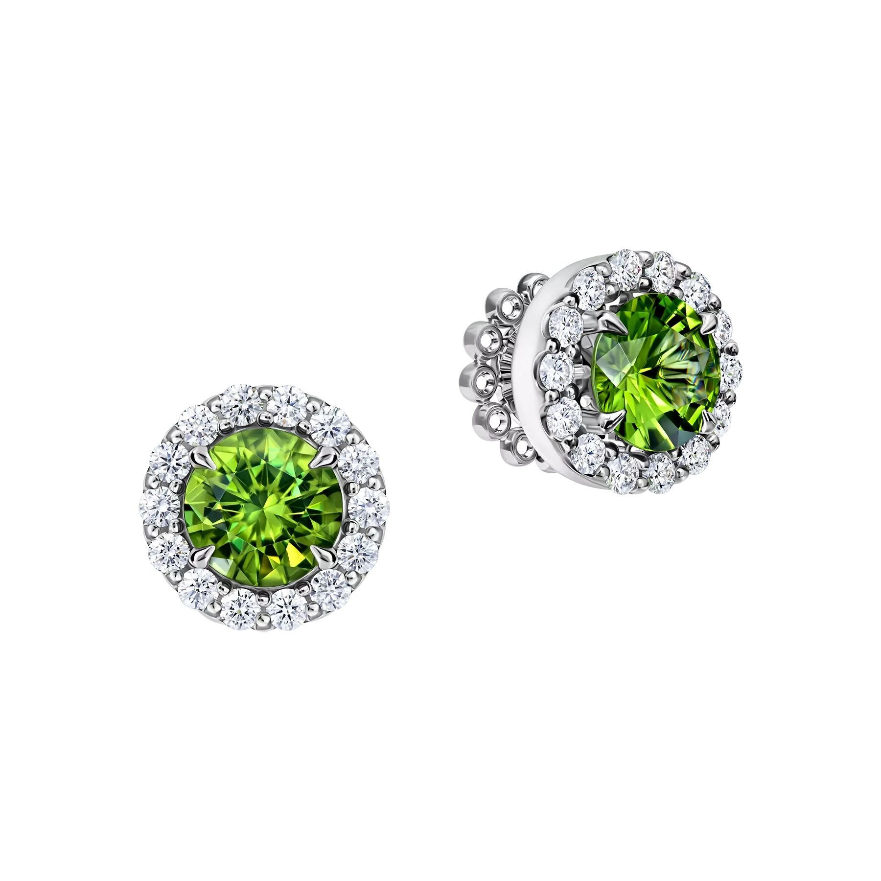 Пусеты с хризолитами и бриллиантами, белое золото