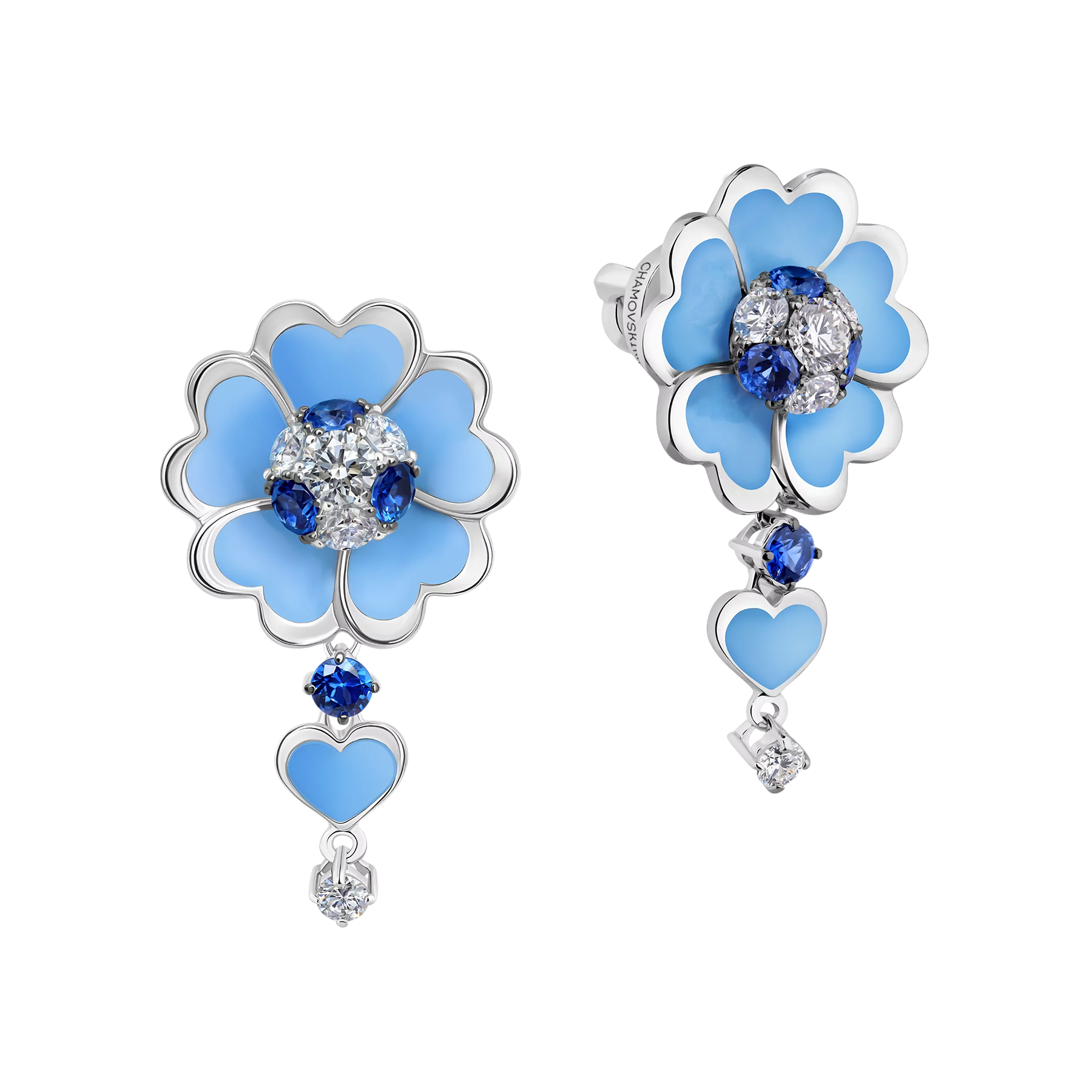 Пусеты с бриллиантами и сапфирами, белое золото, н.керамика