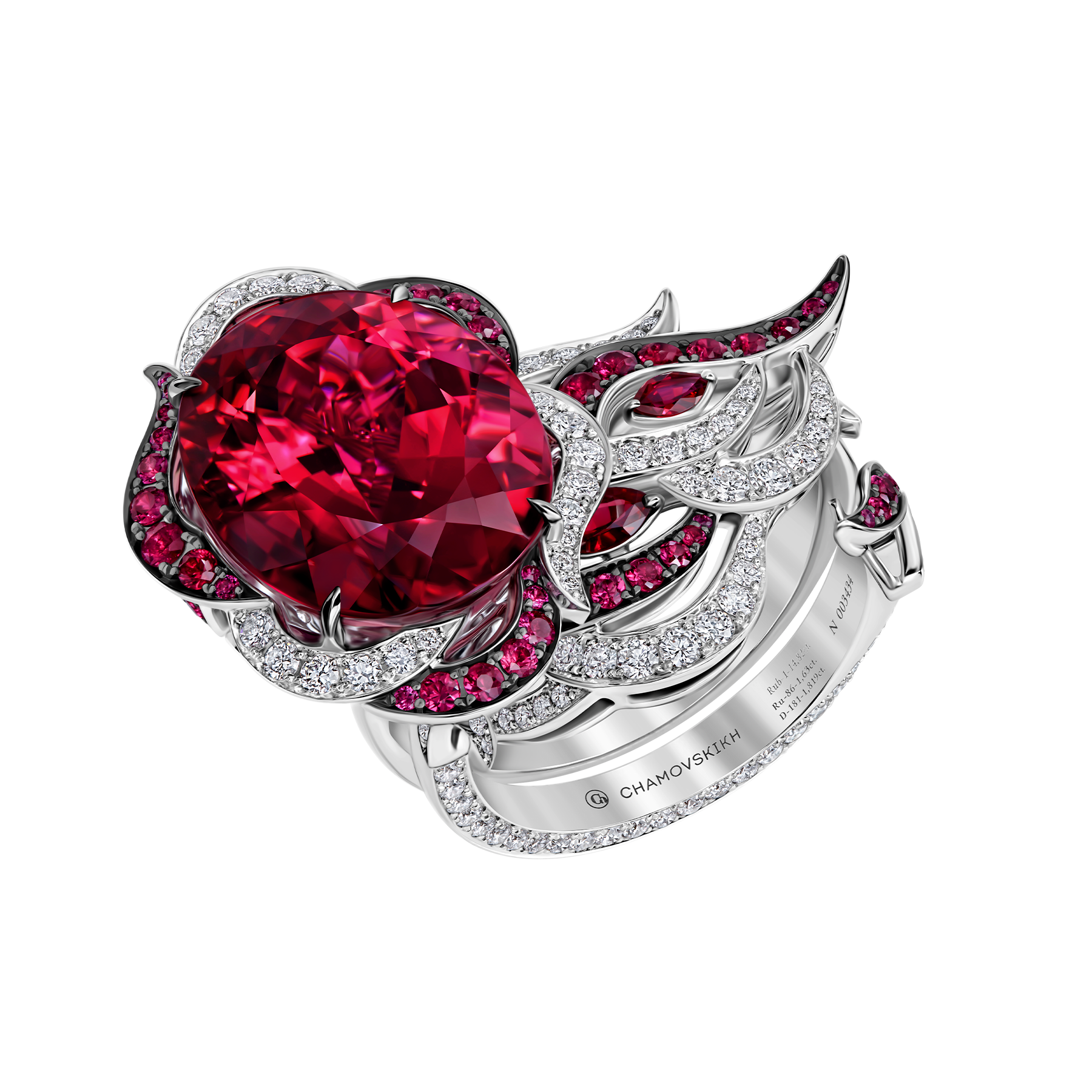 Кольцо с турмалином рубеллитом, рубинами и бриллиантами, белое золото