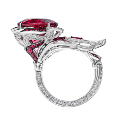 Кольцо с турмалином рубеллитом, рубинами и бриллиантами, белое золото 3