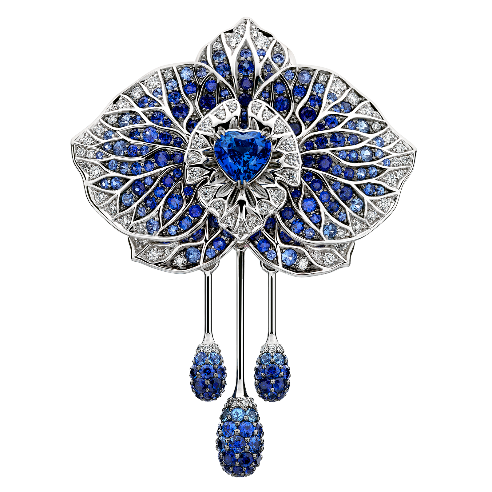 Брошь с сапфирами и бриллиантами, белое золото