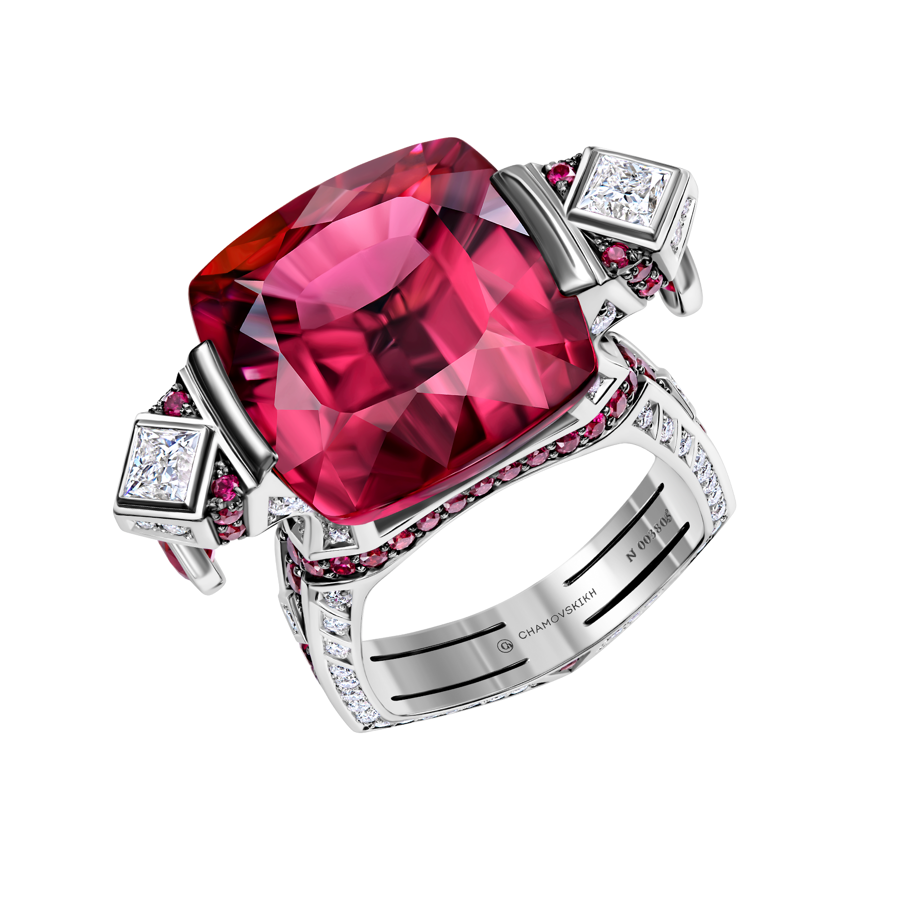 Кольцо с турмалином рубеллит, бриллиантами и рубинами, белое золото