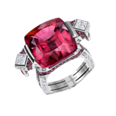 Кольцо с турмалином рубеллит, бриллиантами и рубинами, белое золото