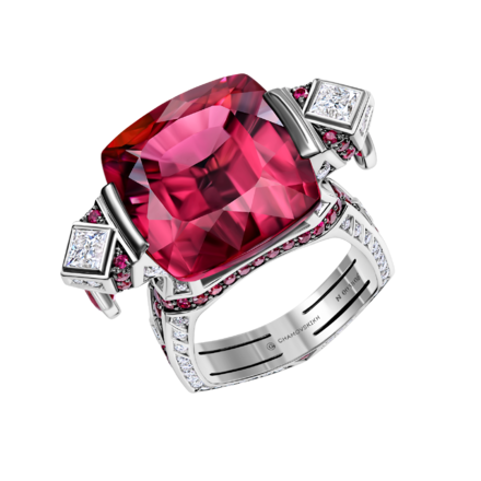 Кольцо с турмалином рубеллит, бриллиантами и рубинами, белое золото 1