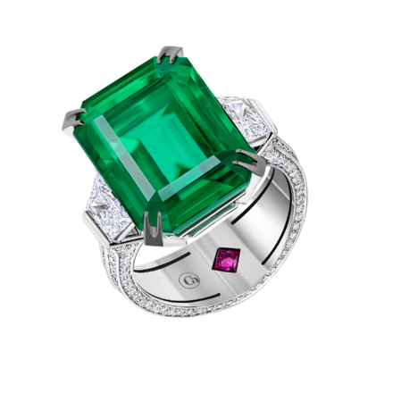 Кольцо с изумрудом, бриллиантами и рубином, белое золото 1