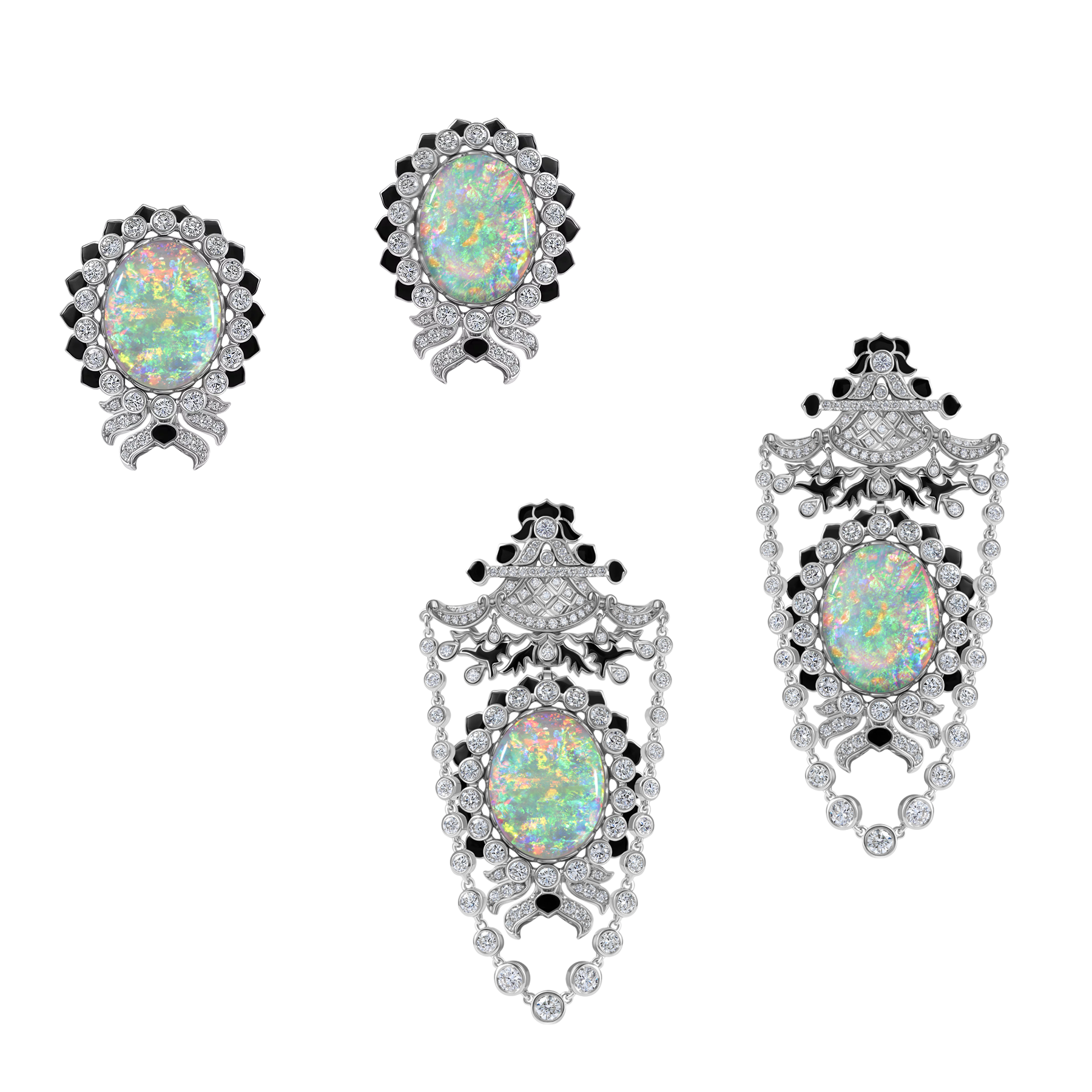 Серьги с опалами, бриллиантами и жемчугом, белое золото