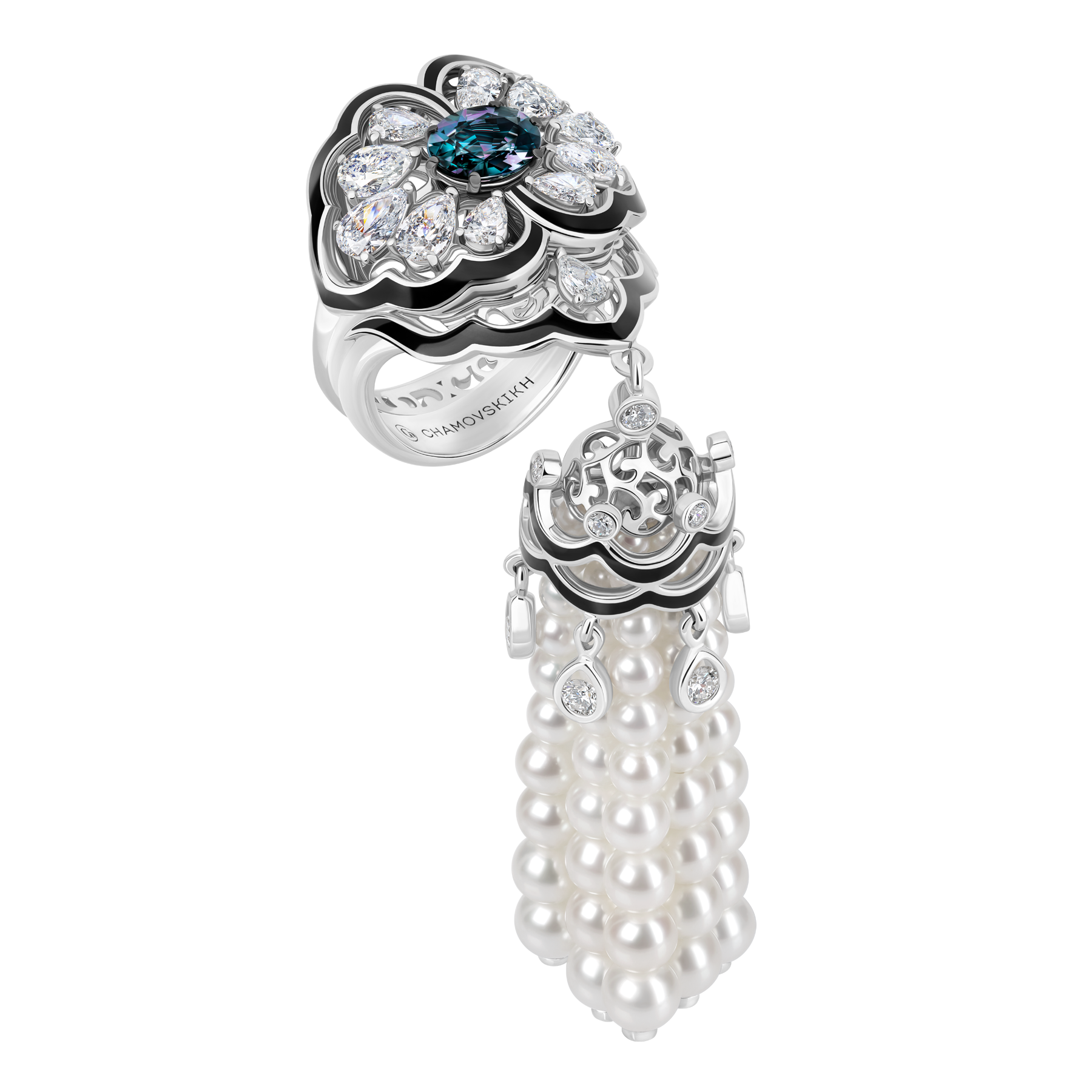 Кольцо с александритом, бриллиантами и жемчугом, белое золото, н.керамика