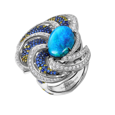 Кольцо с опалом, бриллиантами и сапфирами, белое золото 2