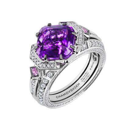 Кольцо с аметистом, бриллиантами и розовыми сапфирами, белое золото 1