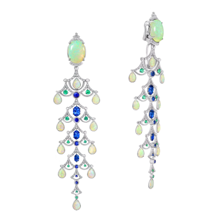 Серьги с опалами, бриллиантами, сапфирами и изумрудами, белое золото 1