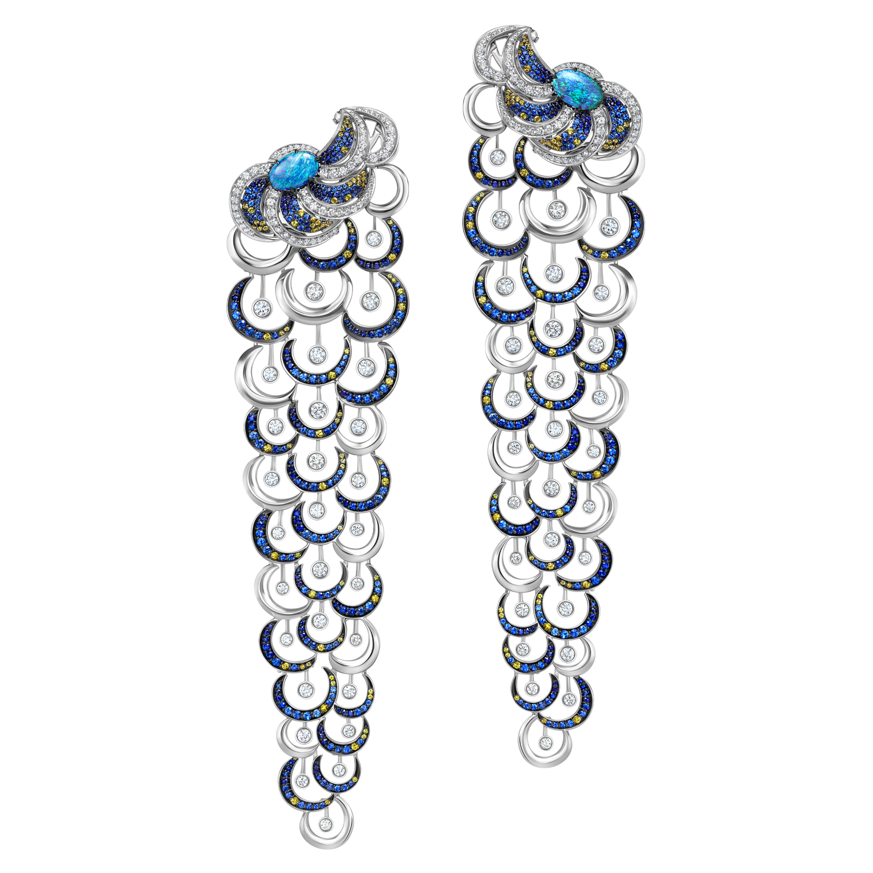 Серьги с опалами, бриллиантами и сапфирами, белое золото