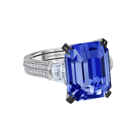 Кольцо с сапфиром и бриллиантами, белое золото 2