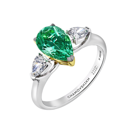 Помолвочное кольцо с изумрудом и бриллиантами, белое и жёлтое золото 1