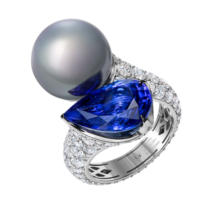 Кольцо с танзанитом, жемчугом и бриллиантами, белое золото 1