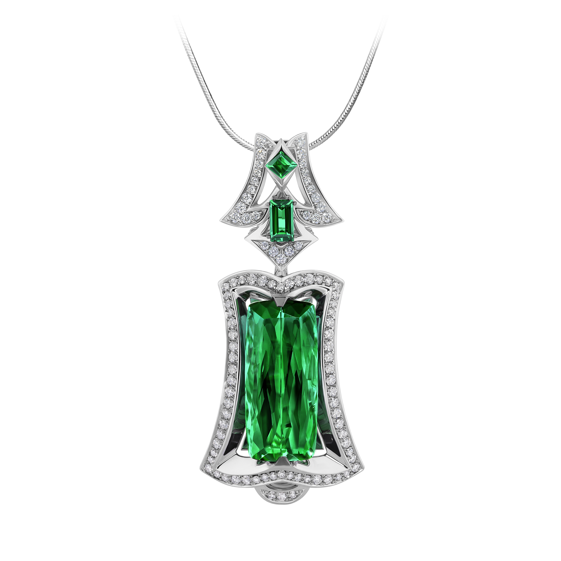 Подвес с турмалином, изумрудами и бриллиантами, белое золото