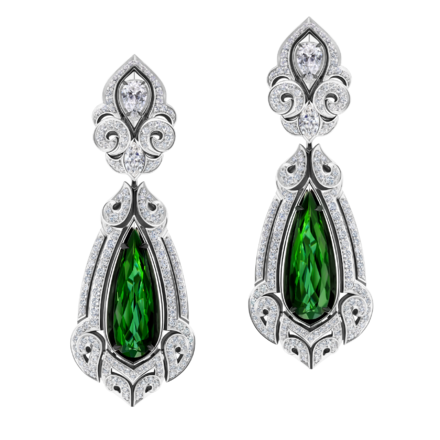 Серьги с верделитами и бриллиантами, белое золото 2