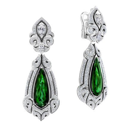 Серьги с верделитами и бриллиантами, белое золото 1