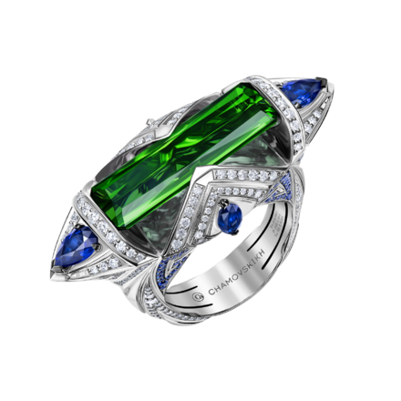 Кольцо с турмалином верделит, бриллиантами и сапфирами, белое золото 1