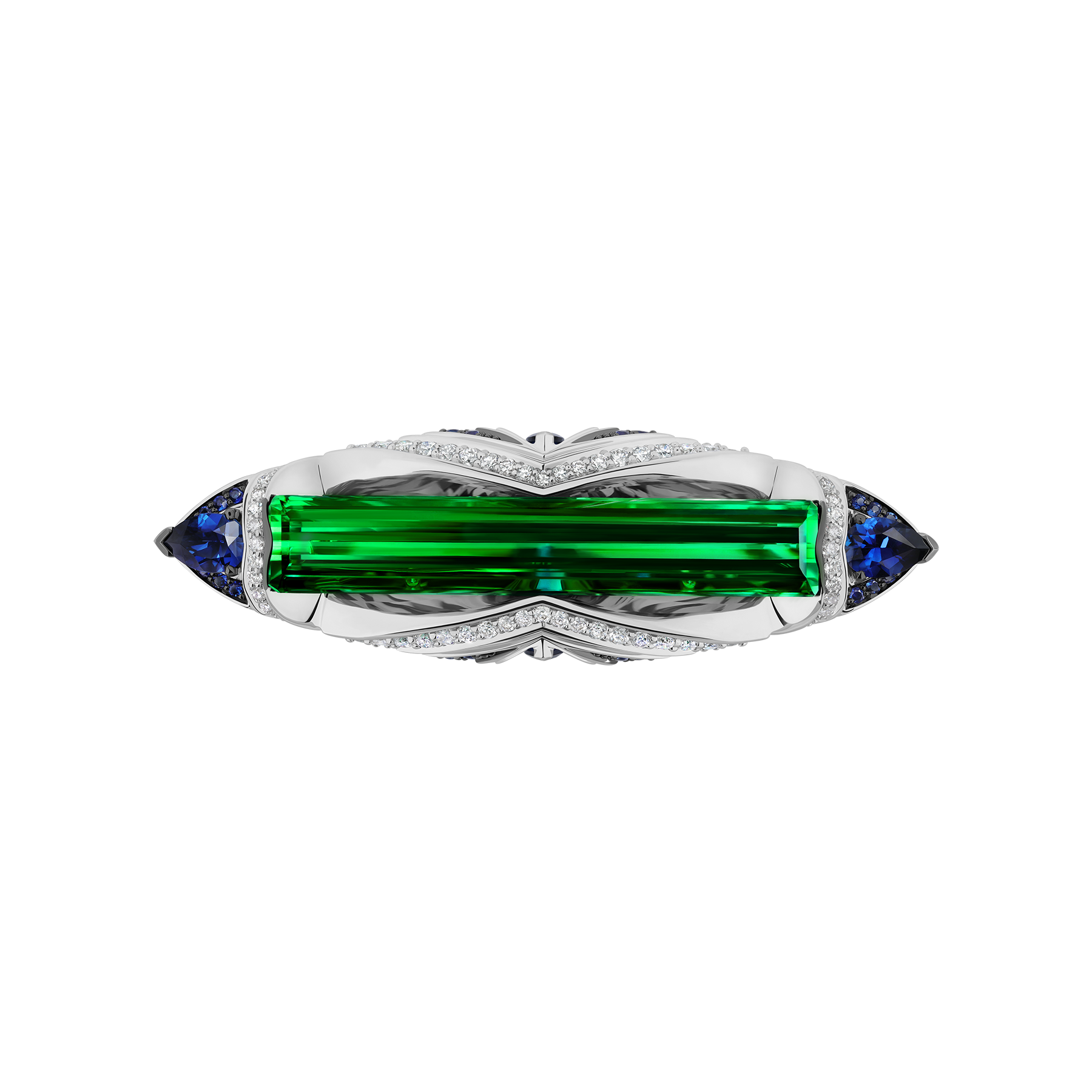 Брошь с турмалином верделит, бриллиантами и сапфирами, белое золото