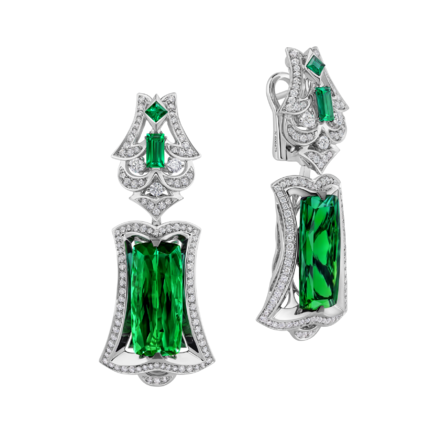 Серьги с турмалинами верделитами, бриллиантами и изумрудами, белое золото 1