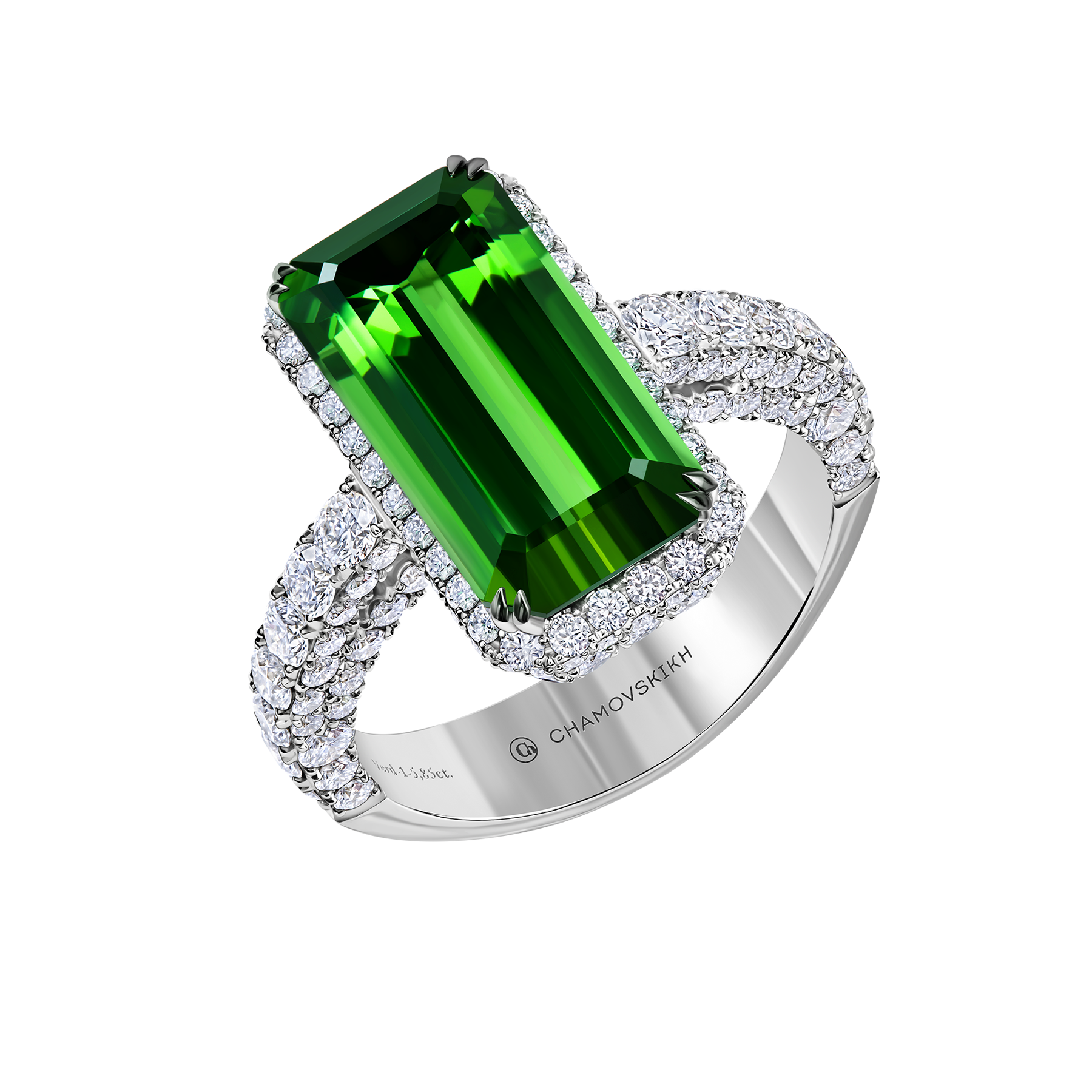 Кольцо с верделитом и бриллиантами, белое золото