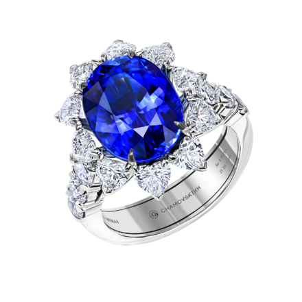 Кольцо с сапфиром и бриллиантами, белое золото 1