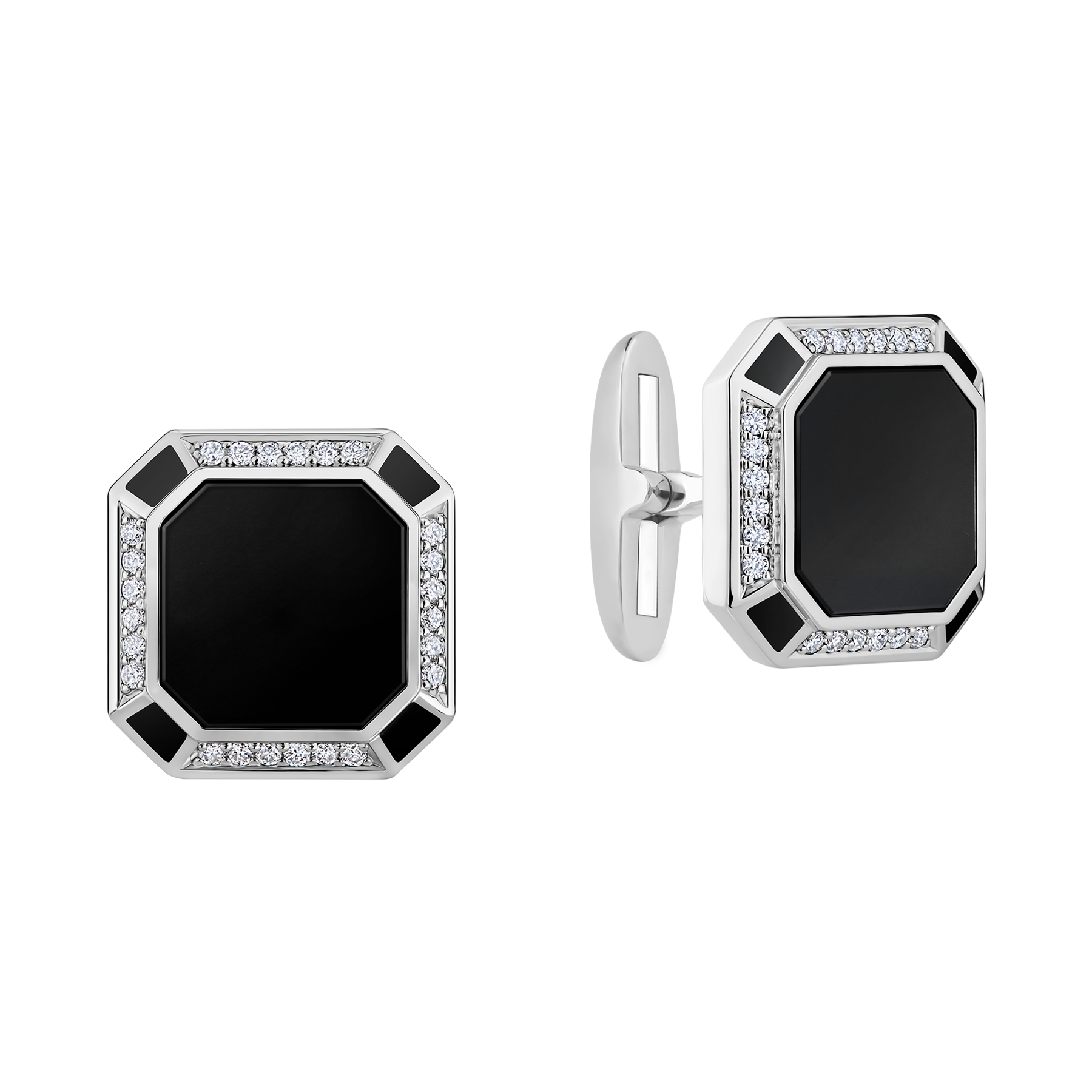 Запонки с ониксом и бриллиантами, белое золото, н.керамика