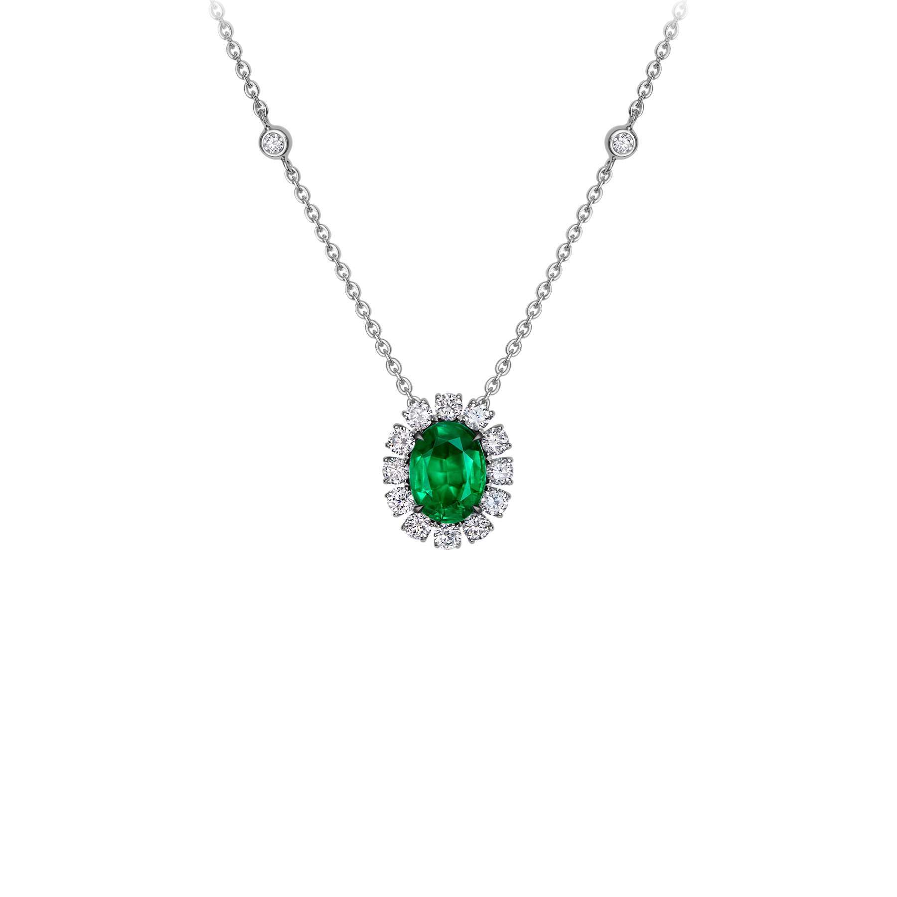 Колье с изумрудом и бриллиантами, белое золото