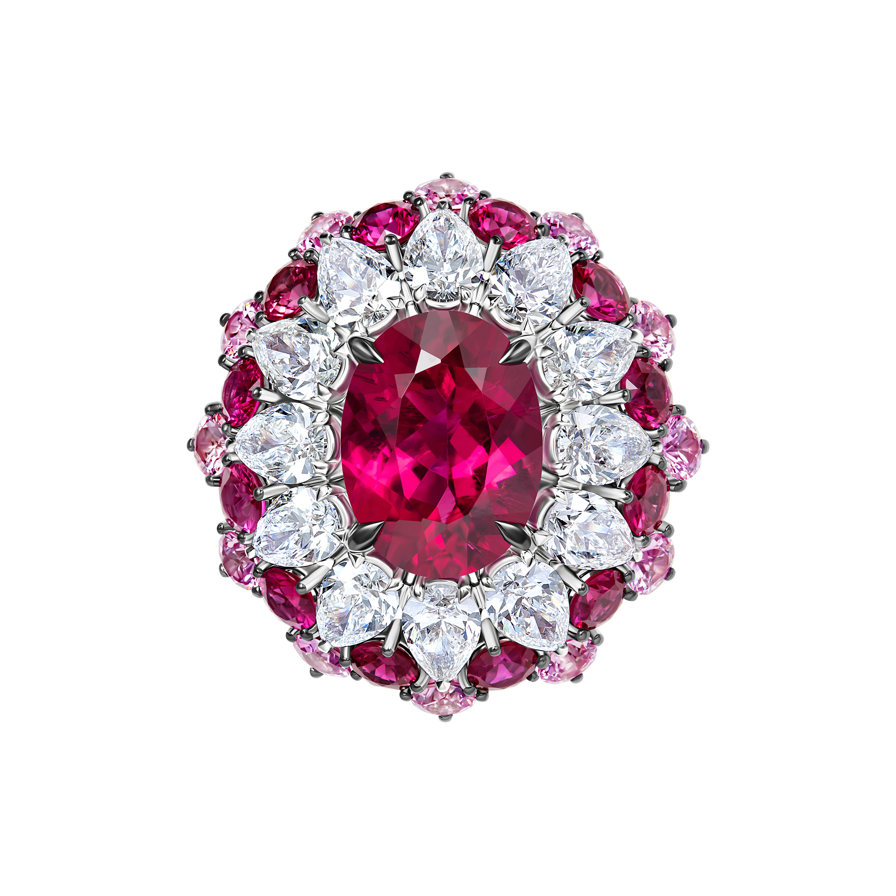 Кольцо с турмалином рубеллитом, рубинами, розовыми сапфирами и бриллиантами, белое золото