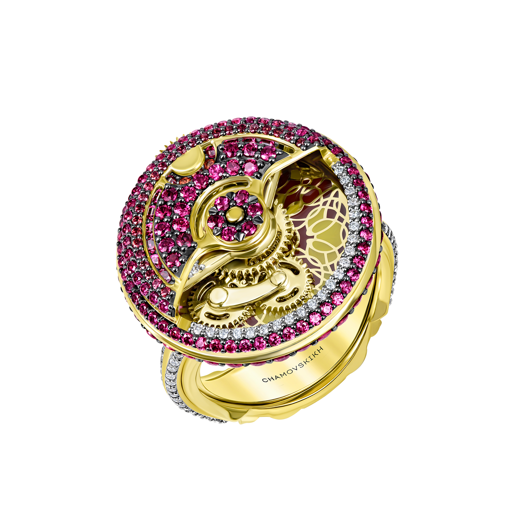 Кольцо с бриллиантами, рубинами и сапфирами, желтое золото, н.керамика