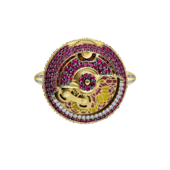 Кольцо с бриллиантами, рубинами и сапфирами, желтое золото, н.керамика