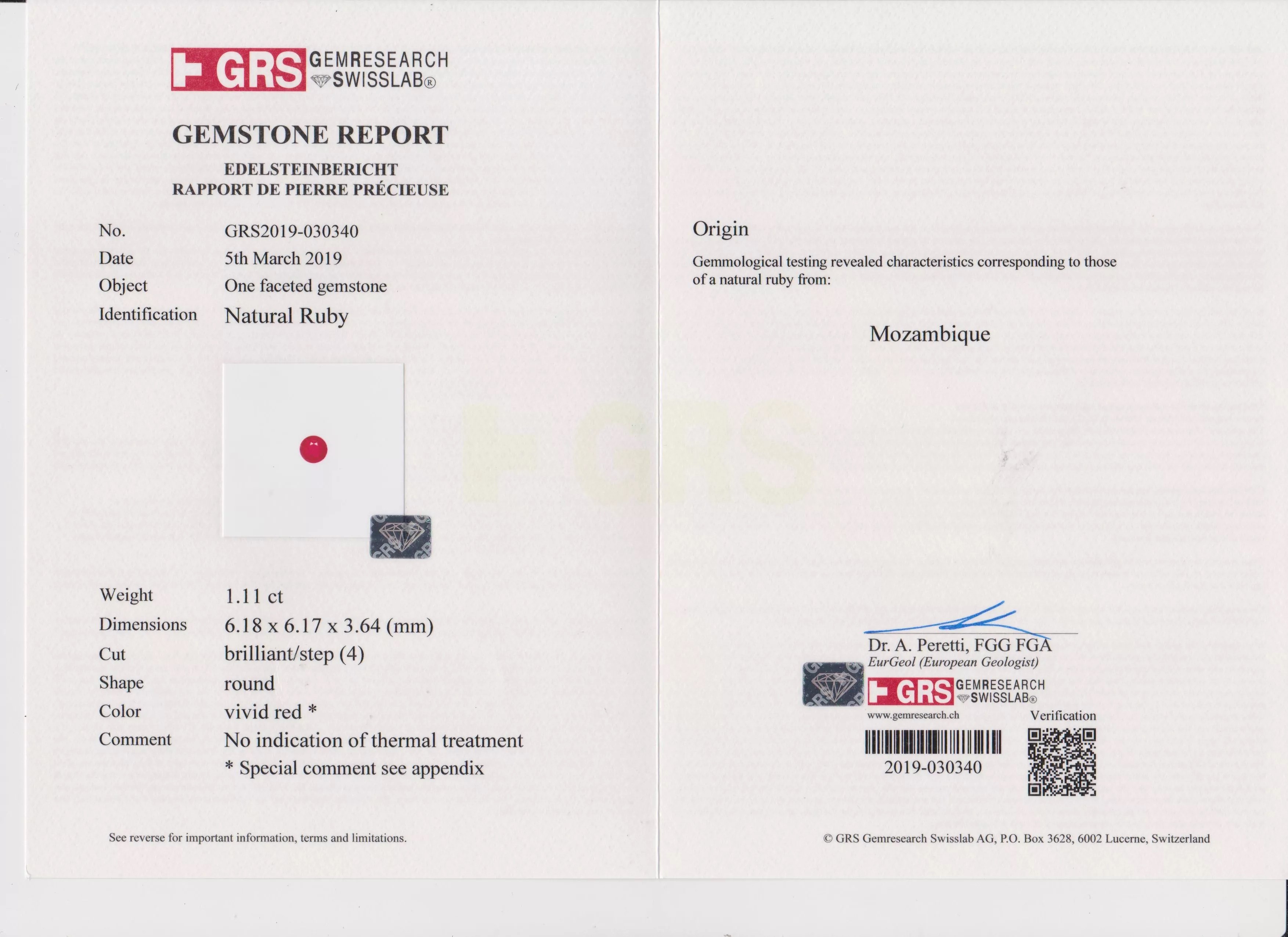 Рубин, MOZAMBIQUE, UNHEATED, Круг, 1,11ct