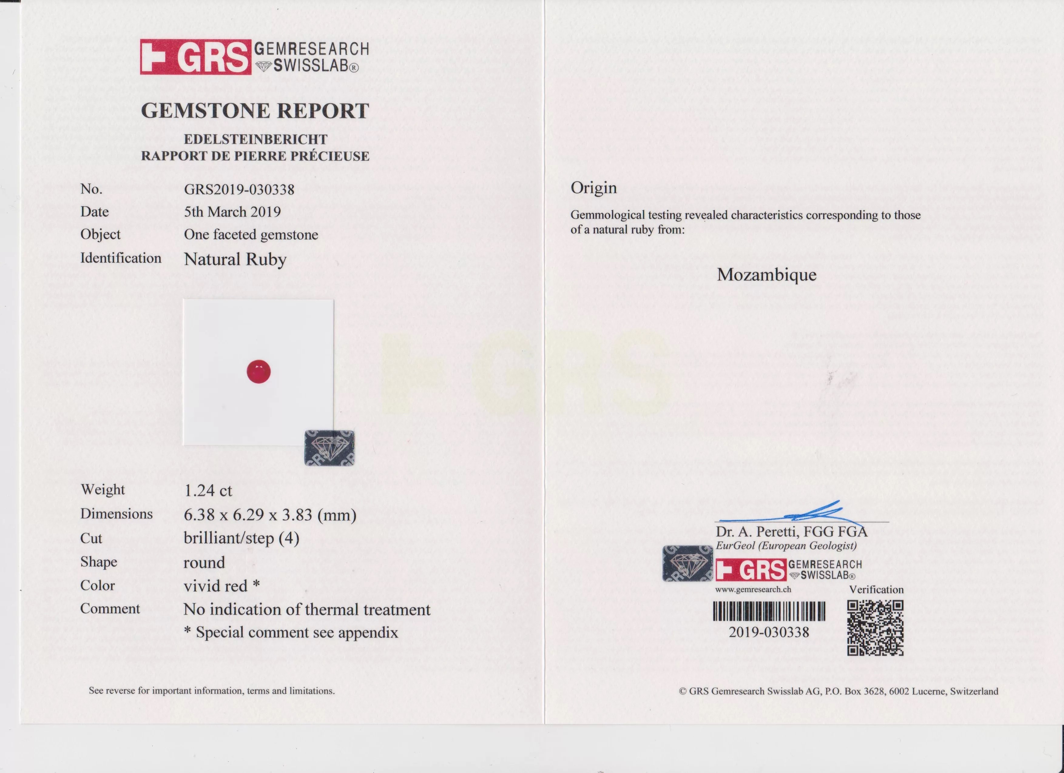 Рубин, цвет голубиная кровь, MOZAMBIQUE, UNHEATED, круг, 1.24ct