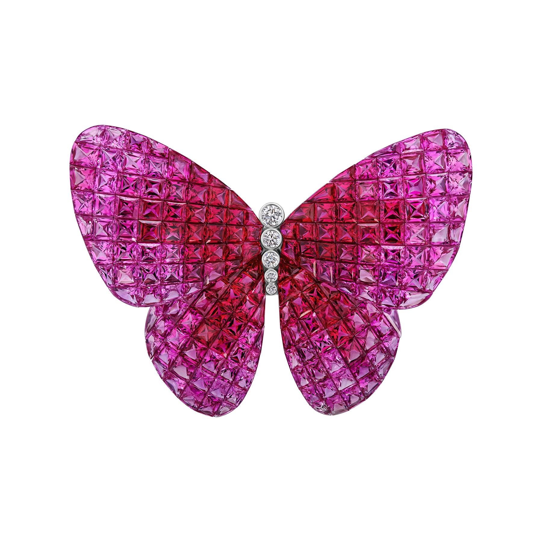 Брошь с рубинами, розовыми сапфирами и бриллиантами, белое золото