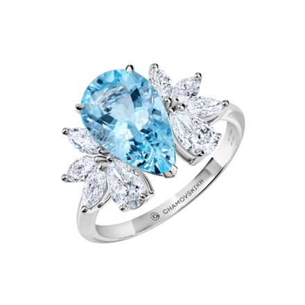 Кольцо с аквамарином и бриллиантами, белое золото 1