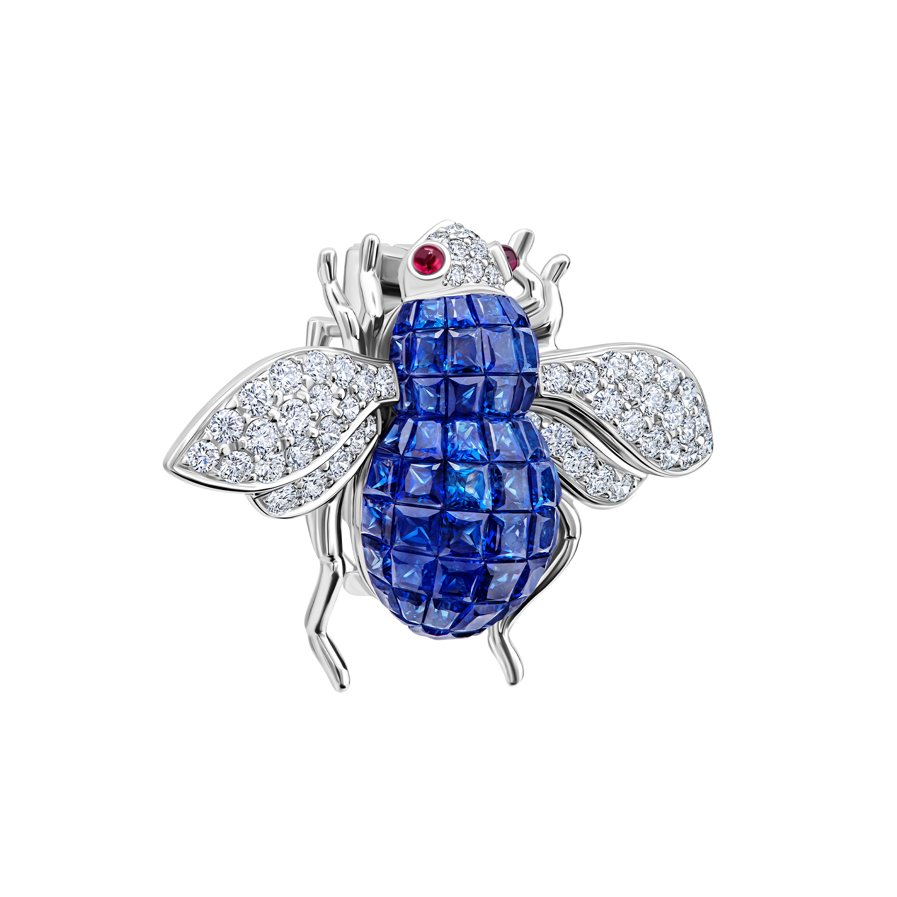 Брошь с сапфирами, рубинами и бриллиантами, белое золото