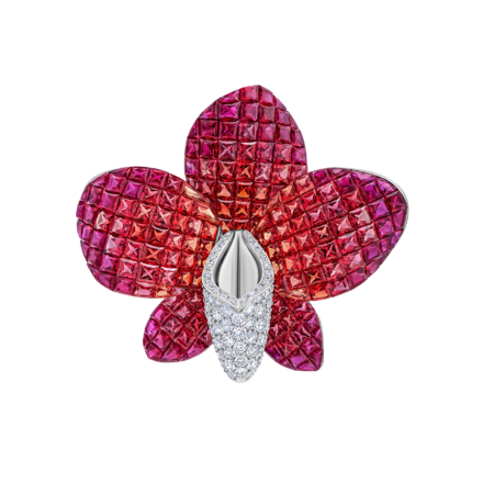 Брошь с рубинами, цветными сапфирами и бриллиантами, белое золото 1
