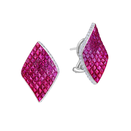 Серьги с рубинами, розовыми сапфирами и бриллиантами, белое золото 1