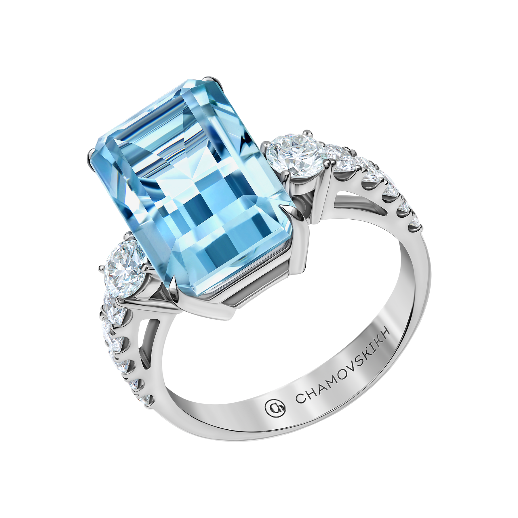 Кольцо с аквамарином и бриллиантами, белое золото