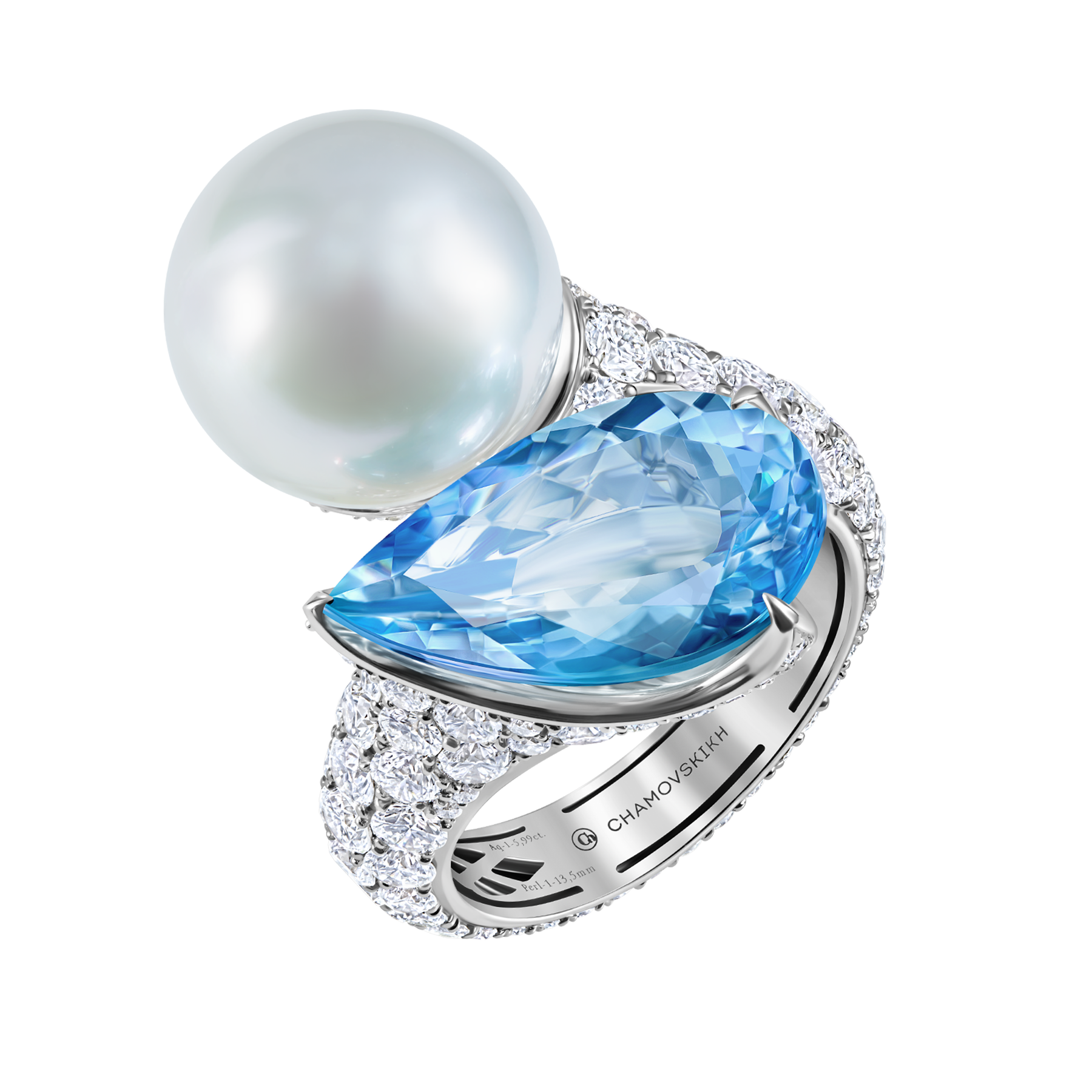 Кольцо с аквамарином, жемчугом и бриллиантами, белое золото