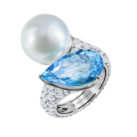 Кольцо с аквамарином, жемчугом и бриллиантами, белое золото 1