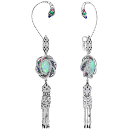 Серьги с опалами, изумрудами, рубинами, сапфирами и бриллиантами, белое золото 1